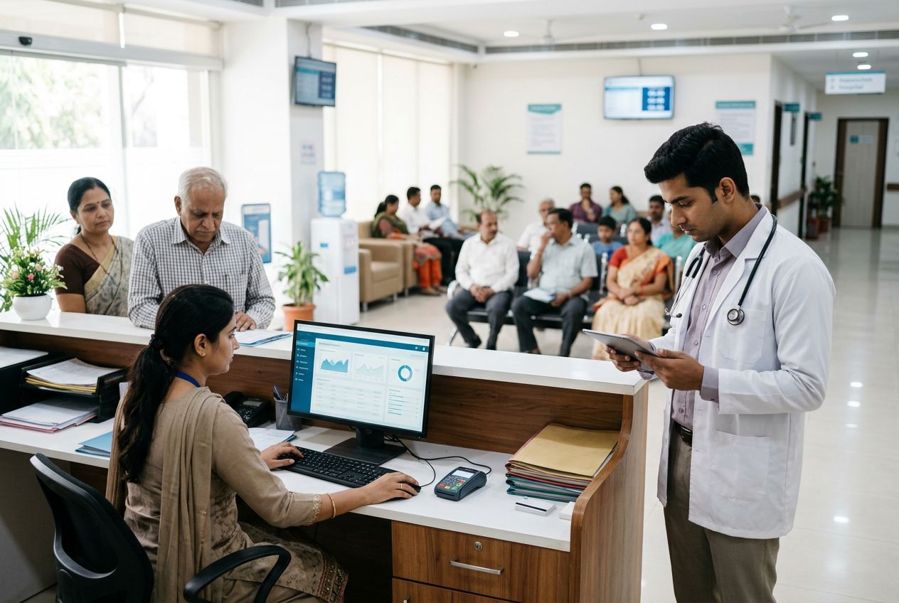 Hospital reception with a patient being registered and a doctor reviewing a record on a tablet