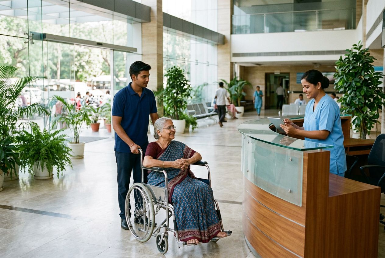 A RAAHI assistant wheeling an elderly woman to the hospital front desk
