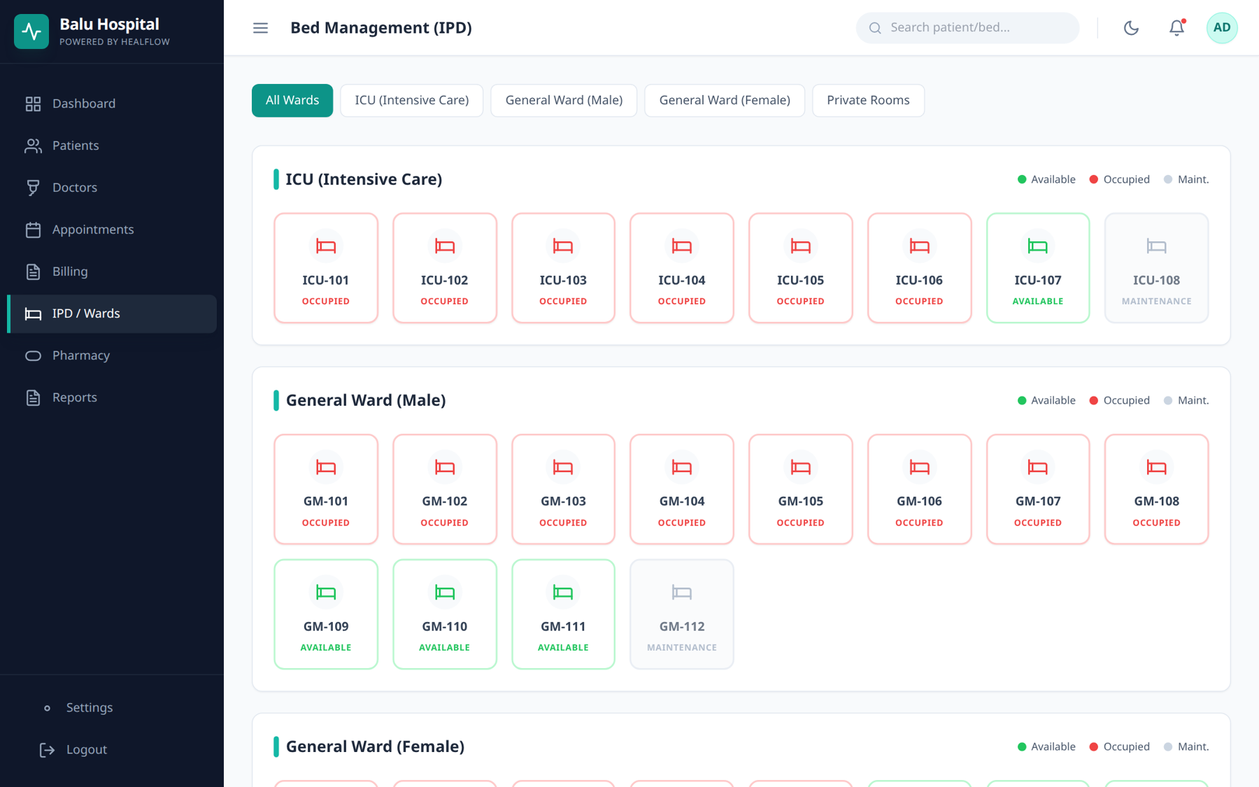 Hospital management design mockup: Beds and wards, sample data